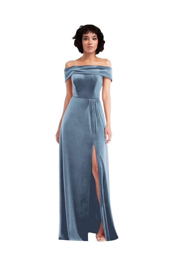 Magasins de Bleu poussiéreux Trapèze Épaule Dénudée Velours Stretch Longue Robes demoiselle d'honneur / Robes de bal