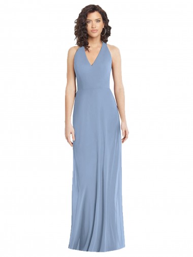 Magasins de Bleu poussiéreux Trompette Licou Col V Mousseline Longue Formelles Robes demoiselle d'honneur / Robes de soirée
