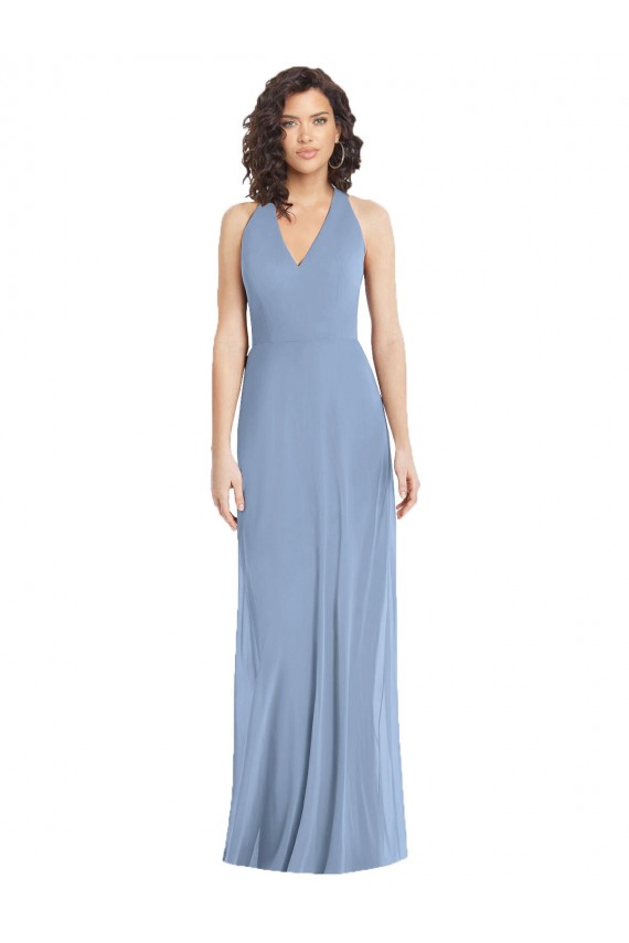 Magasins de Bleu poussiéreux Trompette Licou Col V Mousseline Longue Formelles Robes demoiselle d'honneur / Robes de soirée