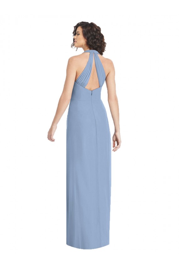 Magasins de Bleu poussiéreux Trompette Licou Col V Mousseline Longue Formelles Robes demoiselle d'honneur / Robes de soirée
