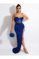 Magasins de Bleu roi Fourreau Bretelles spaghetti Balayage train Paillettes Velours Longue Robes de bal