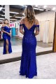 Magasins de Bleu roi Fourreau Bretelles spaghetti Col V Paillettes Velours Longue Robes de bal