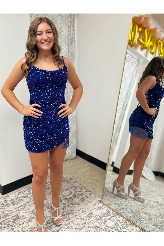 Magasins de Bleu roi Fourreau Bretelles spaghetti Courte Paillettes Velours Courte Robes de bal