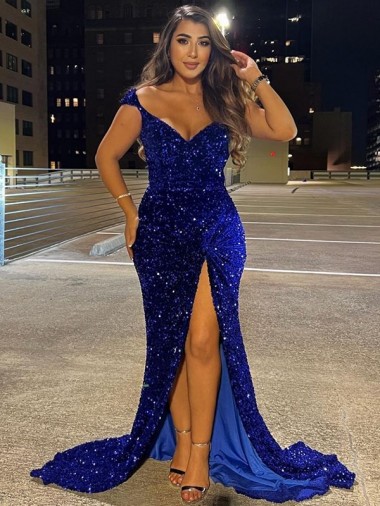 Magasins de Bleu roi Fourreau Col V Balayage train Paillettes Velours Longue Robes de bal