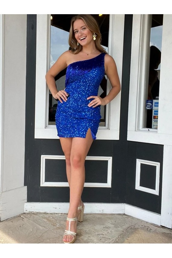 Magasins de Bleu roi Fourreau Courte Paillettes Velours Courte Robes de bal