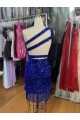 Magasins de Bleu roi Fourreau Courte Paillettes Velours Courte Robes de bal