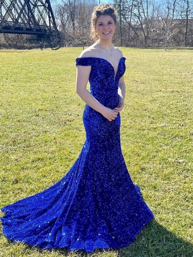 Magasins de Bleu roi Fourreau Épaule Dénudée Balayage train Paillettes Velours Longue Robes de bal
