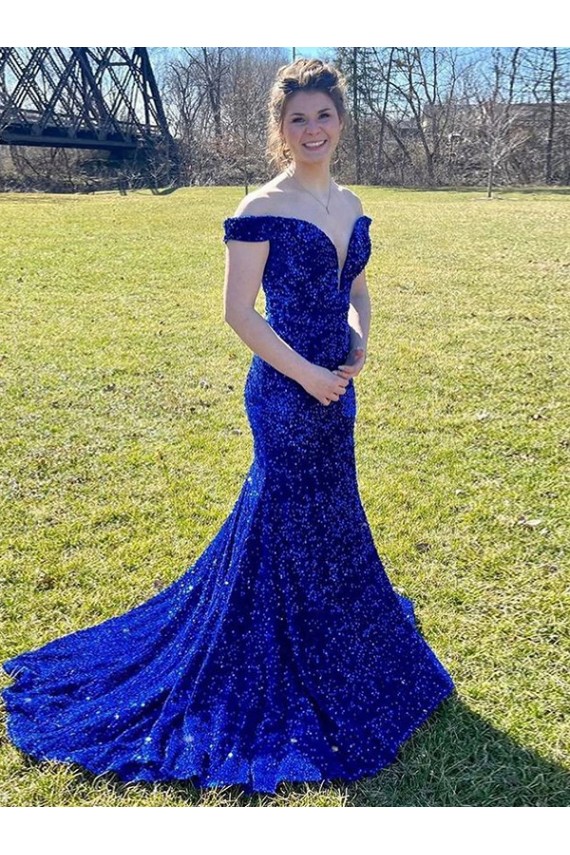 Magasins de Bleu roi Fourreau Épaule Dénudée Balayage train Paillettes Velours Longue Robes de bal