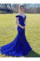 Magasins de Bleu roi Fourreau Épaule Dénudée Balayage train Paillettes Velours Longue Robes de bal