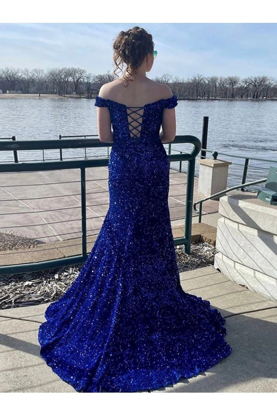 Magasins de Bleu roi Fourreau Épaule Dénudée Balayage train Paillettes Velours Longue Robes de bal