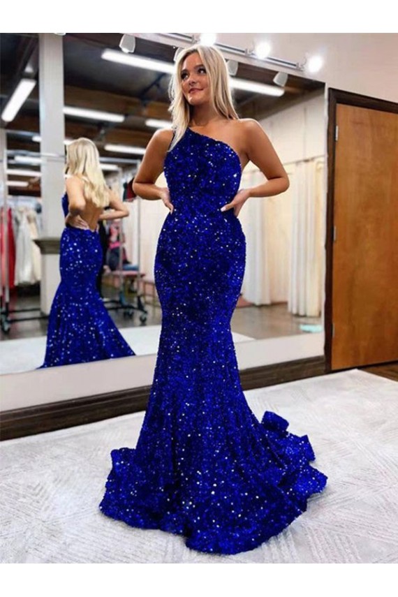 Magasins de Bleu roi Sirène Balayage train Paillettes Velours Longue Robes de bal