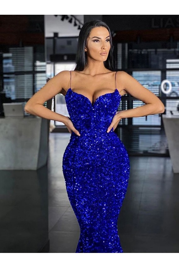 Magasins de Bleu roi Sirène Bretelles spaghetti Balayage train Paillettes Velours Longue Robes de bal