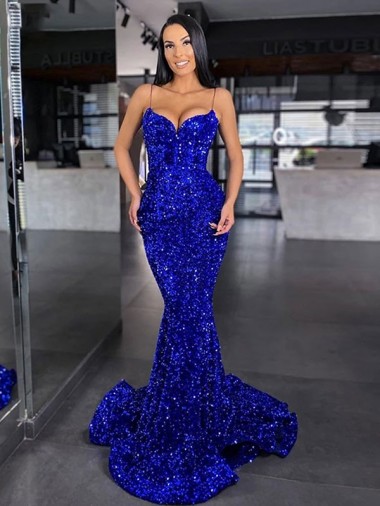 Magasins de Bleu roi Sirène Bretelles spaghetti Balayage train Paillettes Velours Longue Robes de bal