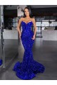 Magasins de Bleu roi Sirène Bretelles spaghetti Balayage train Paillettes Velours Longue Robes de bal