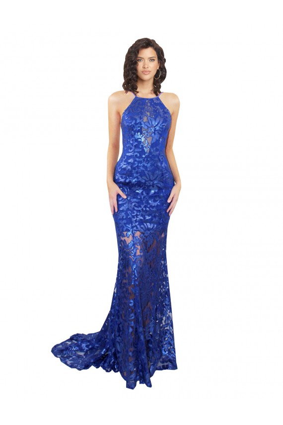 Magasins de Bleu roi Sirène Col Haut Dentelle Longue Robes demoiselle d'honneur / Robes de bal
