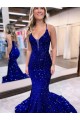 Magasins de Bleu roi Sirène Col V Traîne moyenne Paillettes Velours Longue Robes de bal