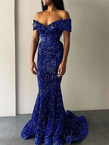 Magasins de Bleu roi Sirène Épaule Dénudée Balayage train Paillettes Velours Longue Robes de bal