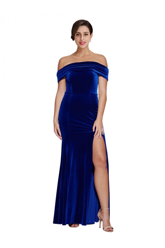 Magasins de Bleu roi Sirène Épaule Dénudée Velours Stretch Longue Formelles Robes demoiselle d'honneur / Robes de soirée / Robes de bal