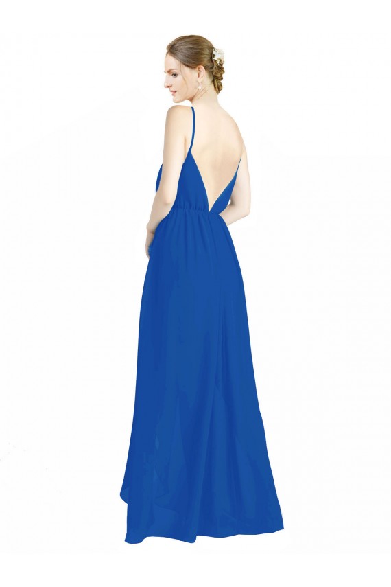 Magasins de Bleu roi Trapèze Bretelles spaghetti Col V Mousseline Longue Robes demoiselle d'honneur