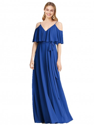 Magasins de Bleu roi Trapèze Bretelles spaghetti Col V Mousseline Longue Robes demoiselle d'honneur
