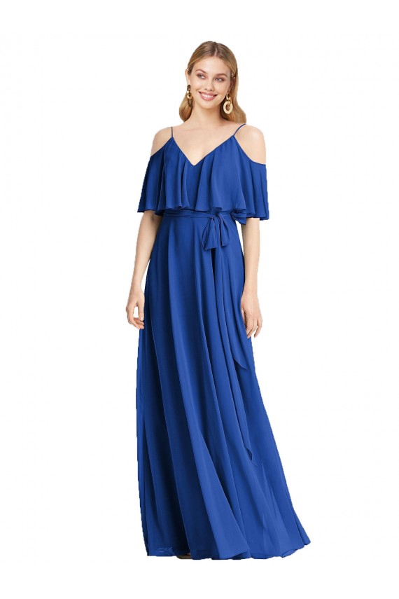 Magasins de Bleu roi Trapèze Bretelles spaghetti Col V Mousseline Longue Robes demoiselle d'honneur