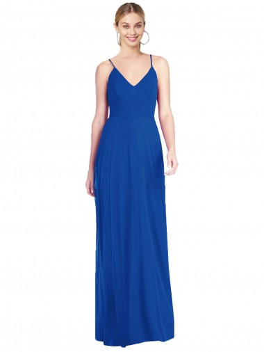 Magasins de Bleu roi Trapèze Bretelles spaghetti Col V Mousseline Longue Robes demoiselle d'honneur