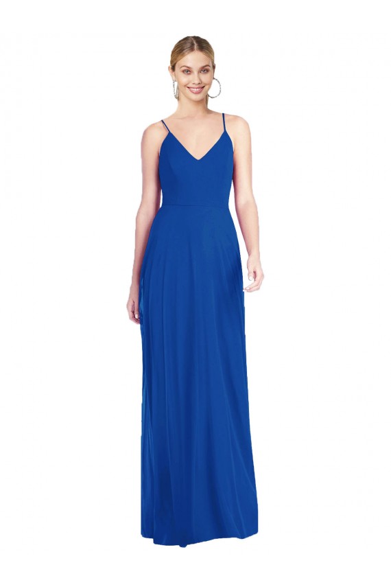 Magasins de Bleu roi Trapèze Bretelles spaghetti Col V Mousseline Longue Robes demoiselle d'honneur