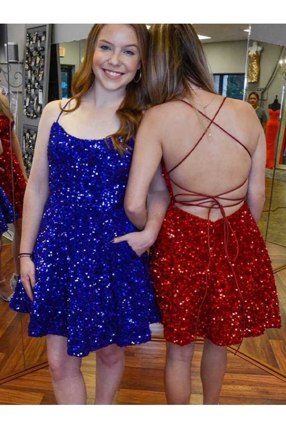 Magasins de Bleu roi Trapèze Bretelles spaghetti Courte Paillettes Velours Courte Robes de bal