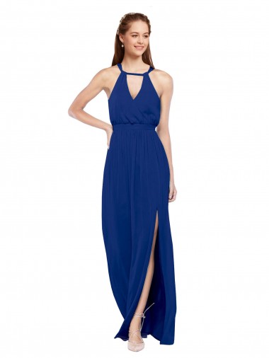 Magasins de Bleu roi Trapèze Col Haut Mousseline Longue Robes demoiselle d'honneur