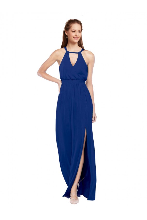Magasins de Bleu roi Trapèze Col Haut Mousseline Longue Robes demoiselle d'honneur