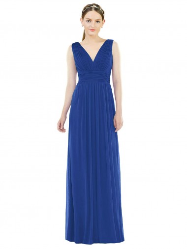 Magasins de Bleu roi Trapèze Col V Mousseline Longue Robes demoiselle d'honneur