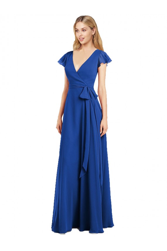 Magasins de Bleu roi Trapèze Col V Mousseline Longue Robes demoiselle d'honneur