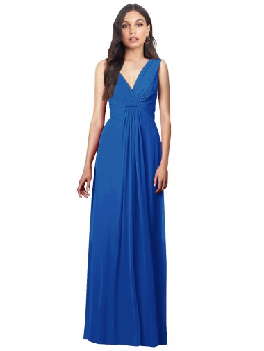 Magasins de Bleu roi Trapèze Col V Mousseline Longue Robes demoiselle d'honneur