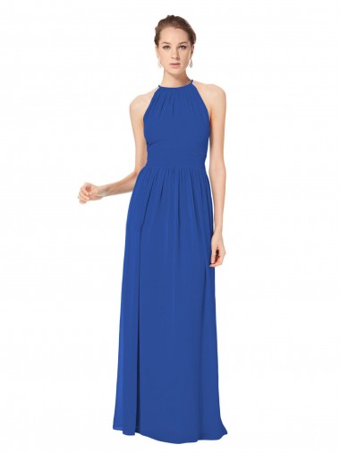 Magasins de Bleu roi Trapèze Licou Mousseline Longue Robes demoiselle d'honneur