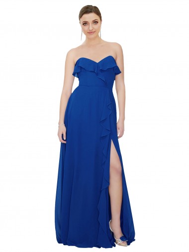 Magasins de Bleu roi Trapèze Sans bretelle Mousseline Longue Robes demoiselle d'honneur