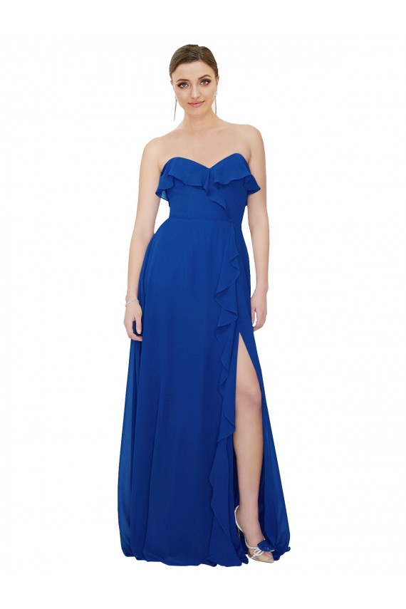Magasins de Bleu roi Trapèze Sans bretelle Mousseline Longue Robes demoiselle d'honneur