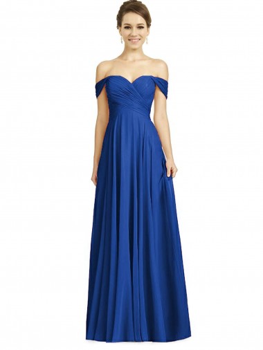 Magasins de Bleu roi Trapèze Épaule Dénudée Mousseline Longue Robes demoiselle d'honneur