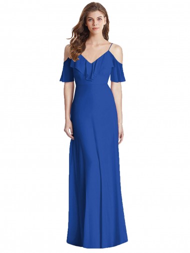 Magasins de Bleu roi Trompette Bretelles spaghetti Col V Mousseline Longue Robes demoiselle d'honneur