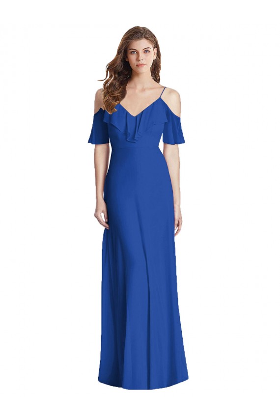 Magasins de Bleu roi Trompette Bretelles spaghetti Col V Mousseline Longue Robes demoiselle d'honneur