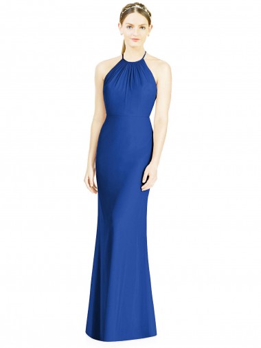 Magasins de Bleu roi Trompette Licou Col Haut Mousseline Longue Robes demoiselle d'honneur
