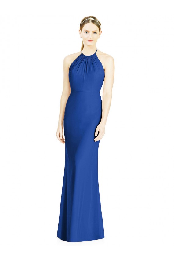 Magasins de Bleu roi Trompette Licou Col Haut Mousseline Longue Robes demoiselle d'honneur