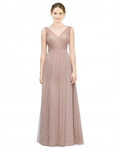 Magasins de Blush Trapèze Col V Tulle Longue Robes demoiselle d'honneur