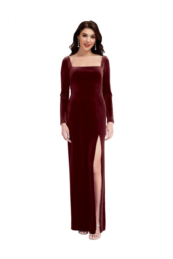 Magasins de Bordeaux Trapèze Bretelles spaghetti Col Carré Velours Stretch Longue Robes demoiselle d'honneur / Robes de bal