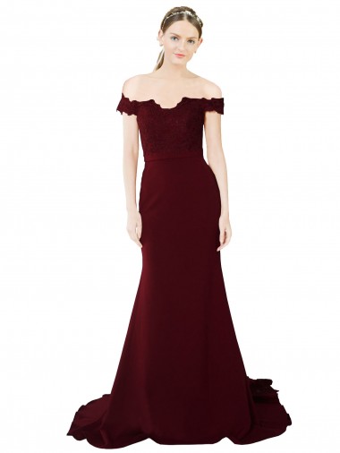 Magasins de Bordeaux foncé Sirène Épaule Dénudée Balayage train Crêpe Stretch Dentelle Longue Formelles Robes demoiselle d'honneur / Robes de soirée / Robes de bal
