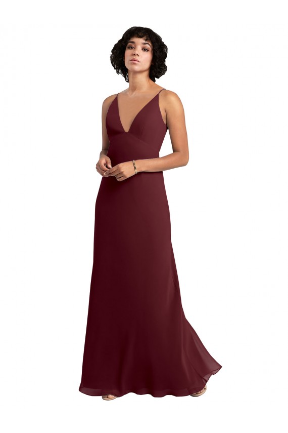 Magasins de Bordeaux foncé Trapèze Col V Mousseline Longue Robes demoiselle d'honneur