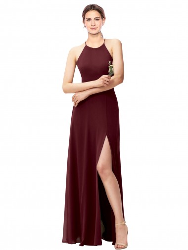 Magasins de Bordeaux foncé Trapèze Licou Col Haut Mousseline Longue Robes demoiselle d'honneur