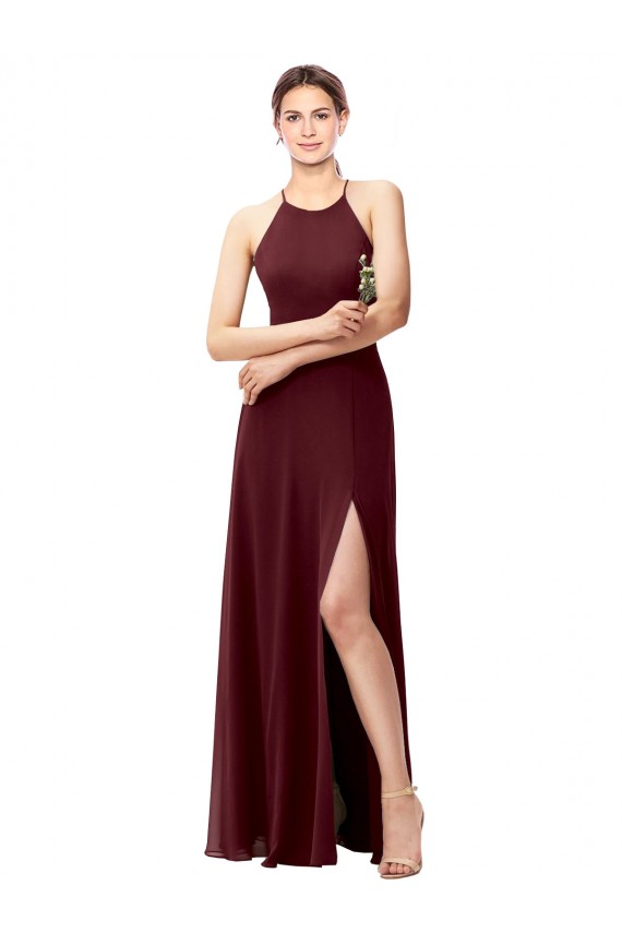 Magasins de Bordeaux foncé Trapèze Licou Col Haut Mousseline Longue Robes demoiselle d'honneur