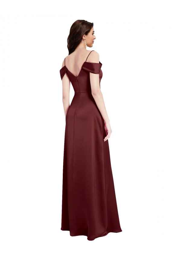 Magasins de Bordeaux foncé Trapèze Épaule Dénudée Col V Satiné Stretch Longue Formelles Robes demoiselle d'honneur / Robes de soirée / Robes de bal