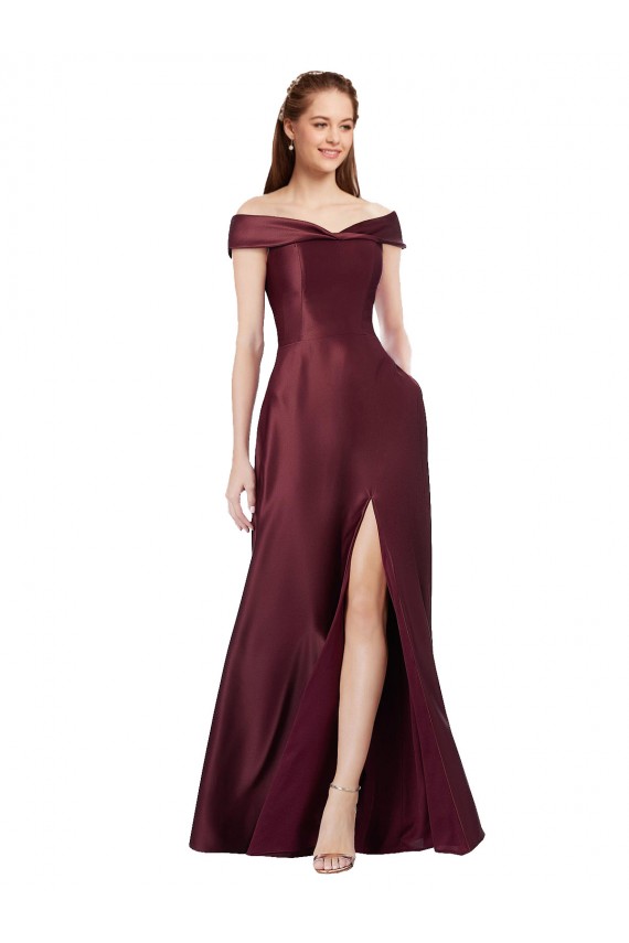 Magasins de Bordeaux foncé Trapèze Épaule Dénudée Sans bretelle Satiné Longue Formelles Robes demoiselle d'honneur / Robes de soirée / Robes de bal