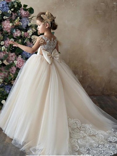 Magasins de Champagne Princesse Tulle Dentelle Longue Robes de demoiselle d'honneur - fillette